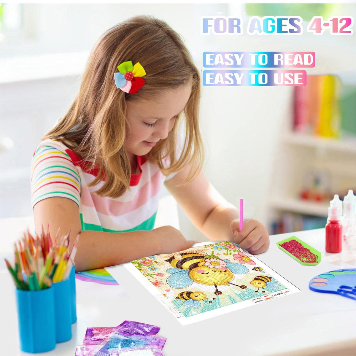 xackcme Bee Diamond Art Kit for Kids with Frame – Easy Beginner Gem Painting (7x7 in)