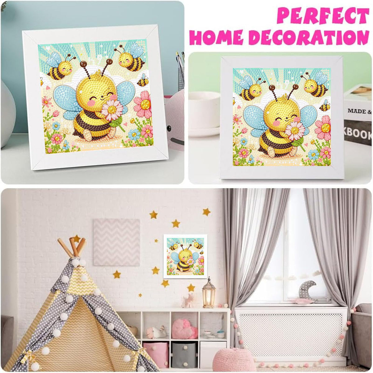 xackcme Bee Diamond Art Kit for Kids with Frame – Easy Beginner Gem Painting (7x7 in)