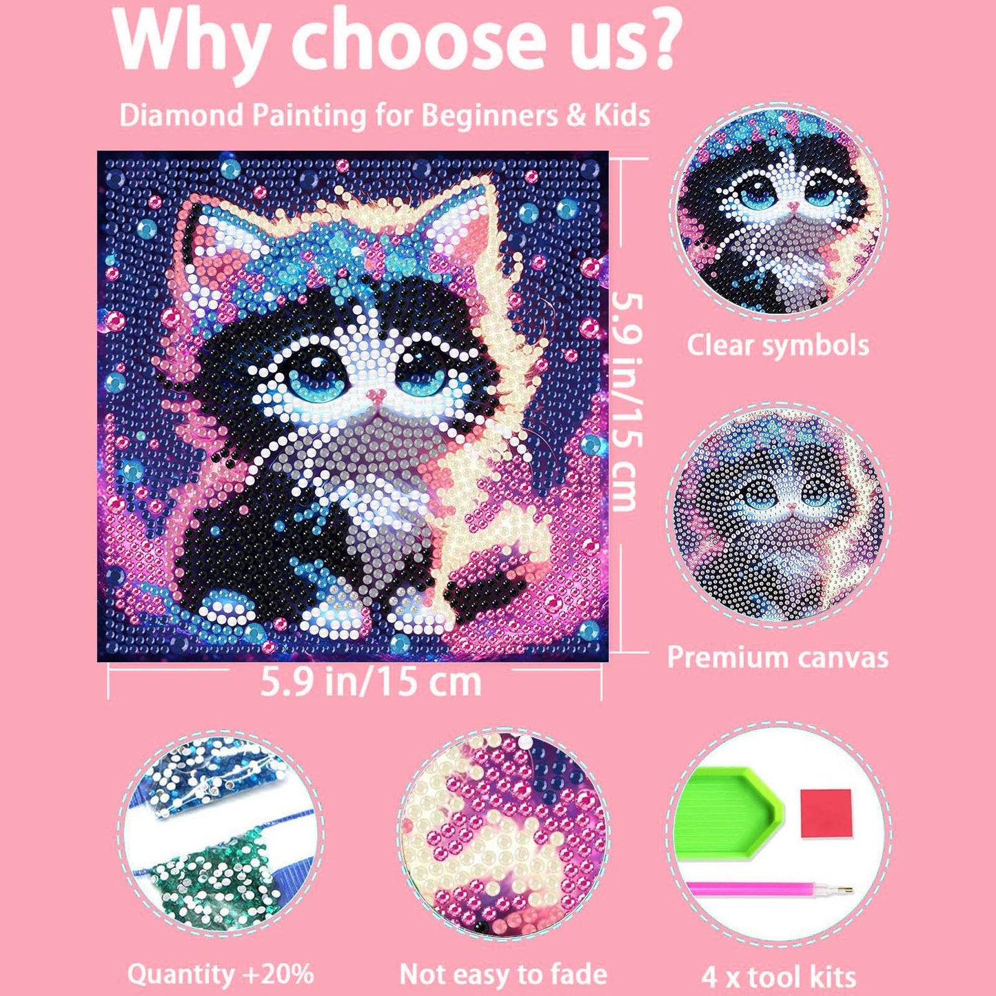 Xackcme 4-Pack Kids Diamond Art Kits – Sea Turtle, Cat, Elephant & Fox (6x6")