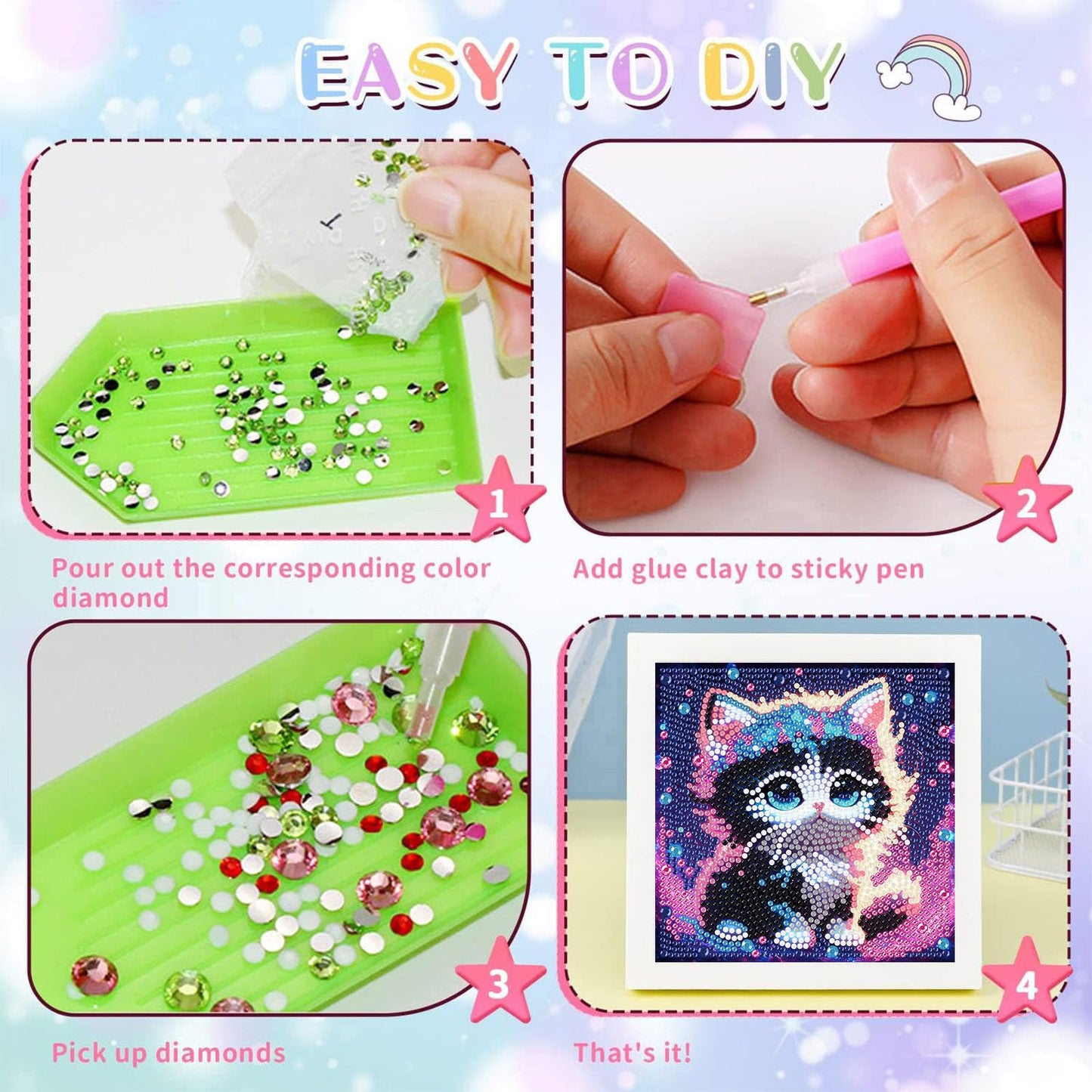 xackcme Cat Diamond Art Kit for Kids – Framed 7x7 Inch Animal Diamond Painting