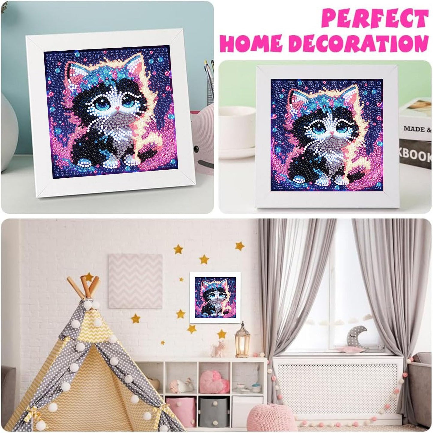 xackcme Cat Diamond Art Kit for Kids – Framed 7x7 Inch Animal Diamond Painting