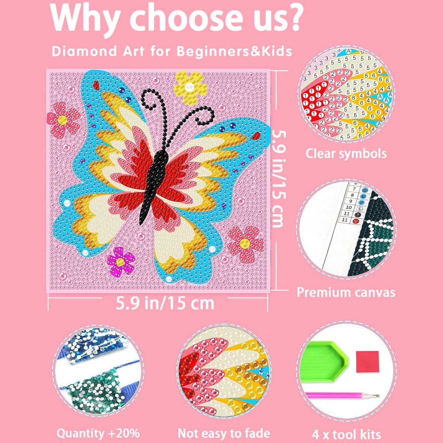Xackcme 4-Piece Butterfly Diamond Art Kit for Kids — 5D Diamond Painting for Beginners (6x6 inch)