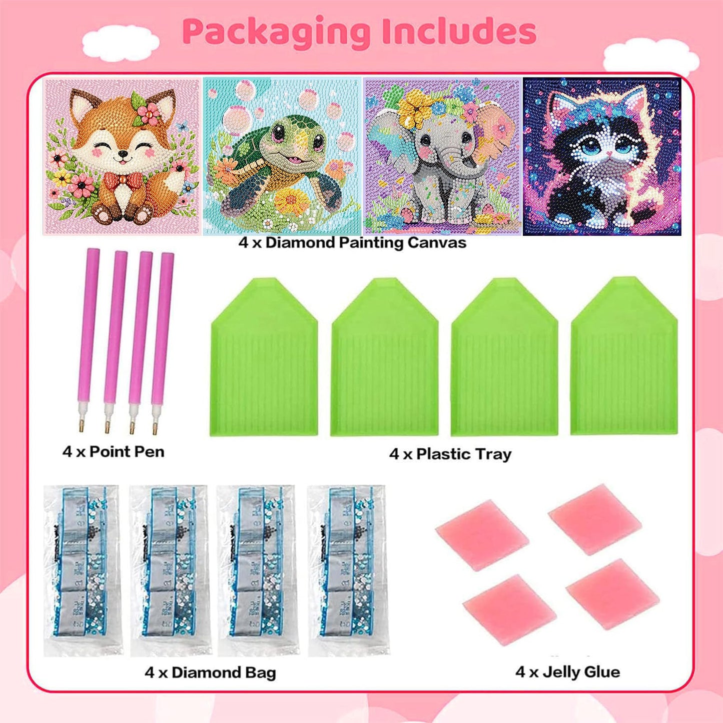 Xackcme 4-Pack Kids Diamond Art Kits – Sea Turtle, Cat, Elephant & Fox (6x6")