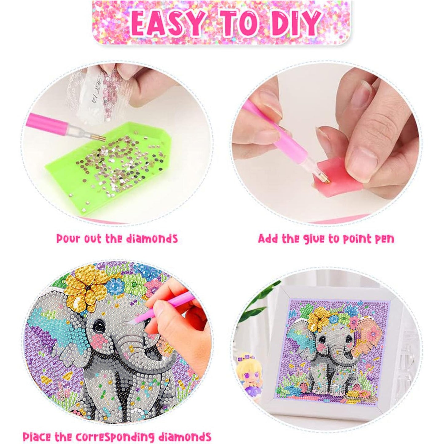 Xackcme 4-Pack Kids Diamond Art Kits – Sea Turtle, Cat, Elephant & Fox (6x6")