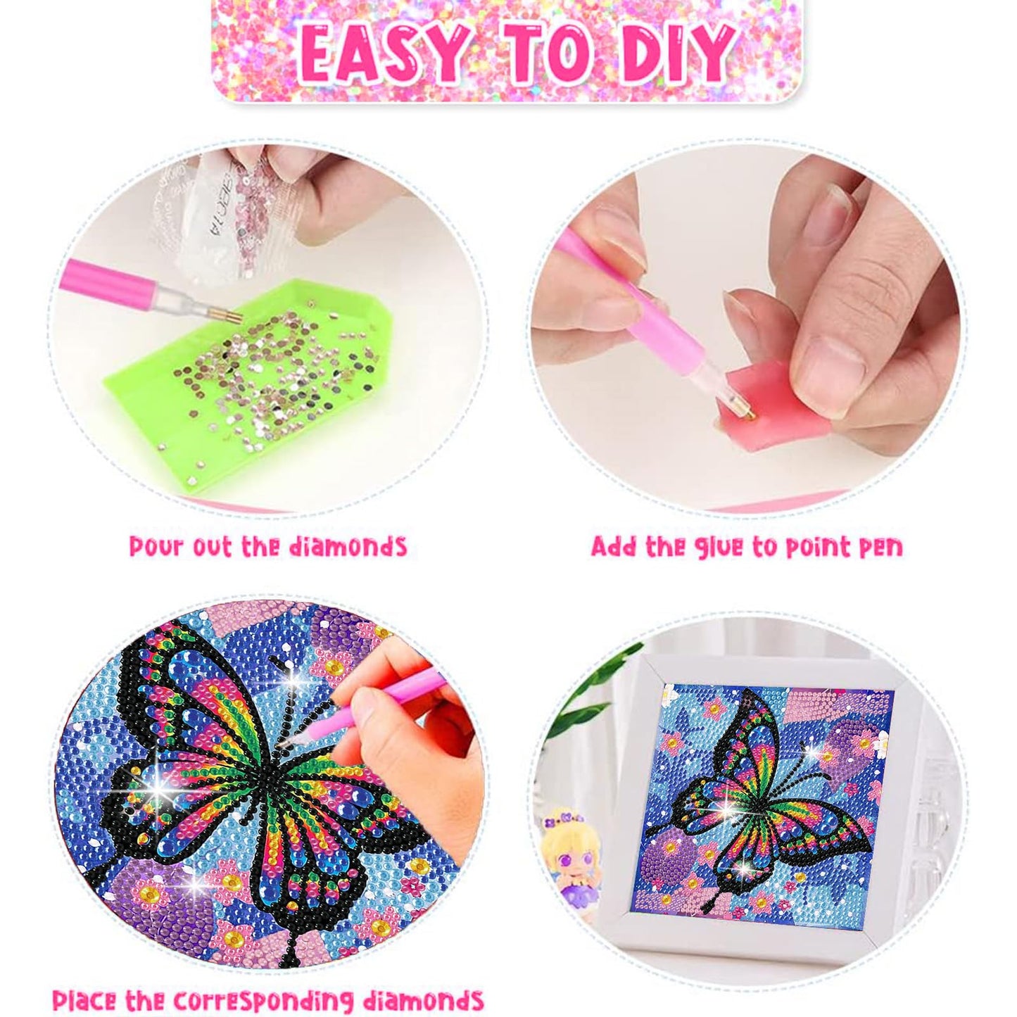 Xackcme 4-Piece Butterfly Diamond Art Kit for Kids — 5D Diamond Painting for Beginners (6x6 inch)