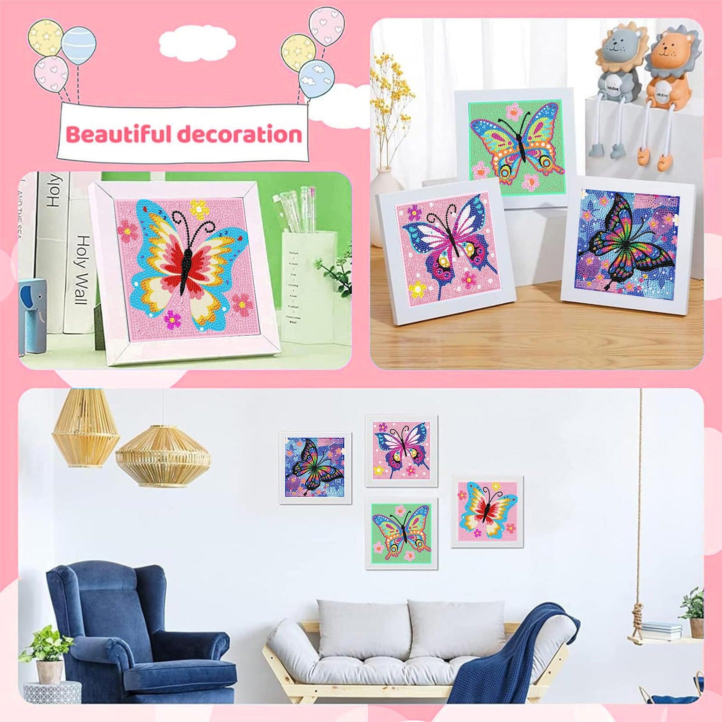 Xackcme 4-Piece Butterfly Diamond Art Kit for Kids — 5D Diamond Painting for Beginners (6x6 inch)