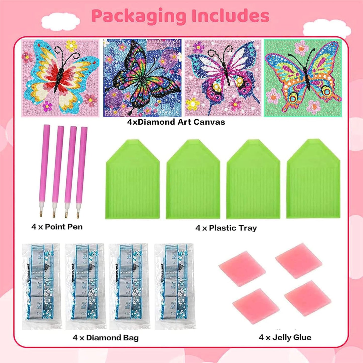 Xackcme 4-Piece Butterfly Diamond Art Kit for Kids — 5D Diamond Painting for Beginners (6x6 inch)