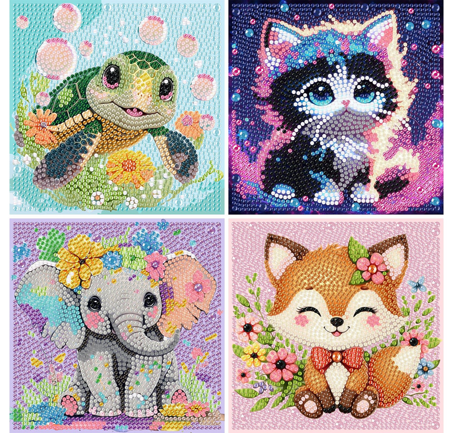 Xackcme 4-Pack Kids Diamond Art Kits – Sea Turtle, Cat, Elephant & Fox (6x6")
