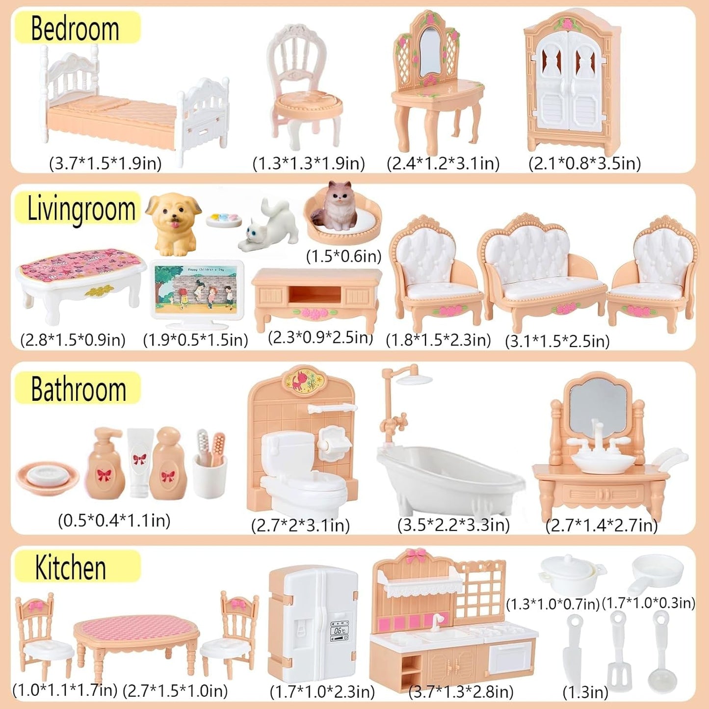 Xadothat Dollhouse Furniture Set – 36-Piece Complete Room Collection (Plastic)