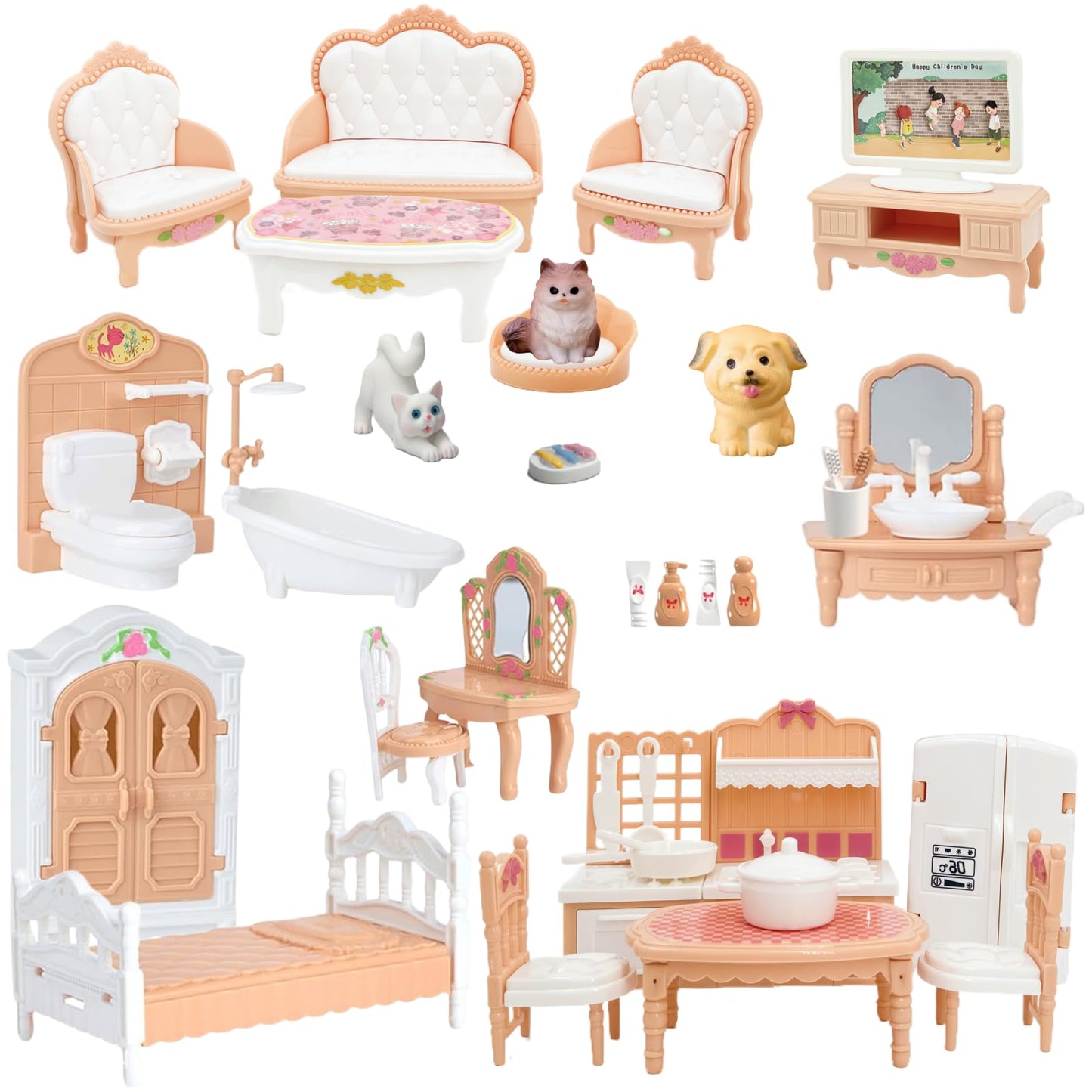 Xadothat Dollhouse Furniture Set – 36-Piece Complete Room Collection (Plastic)
