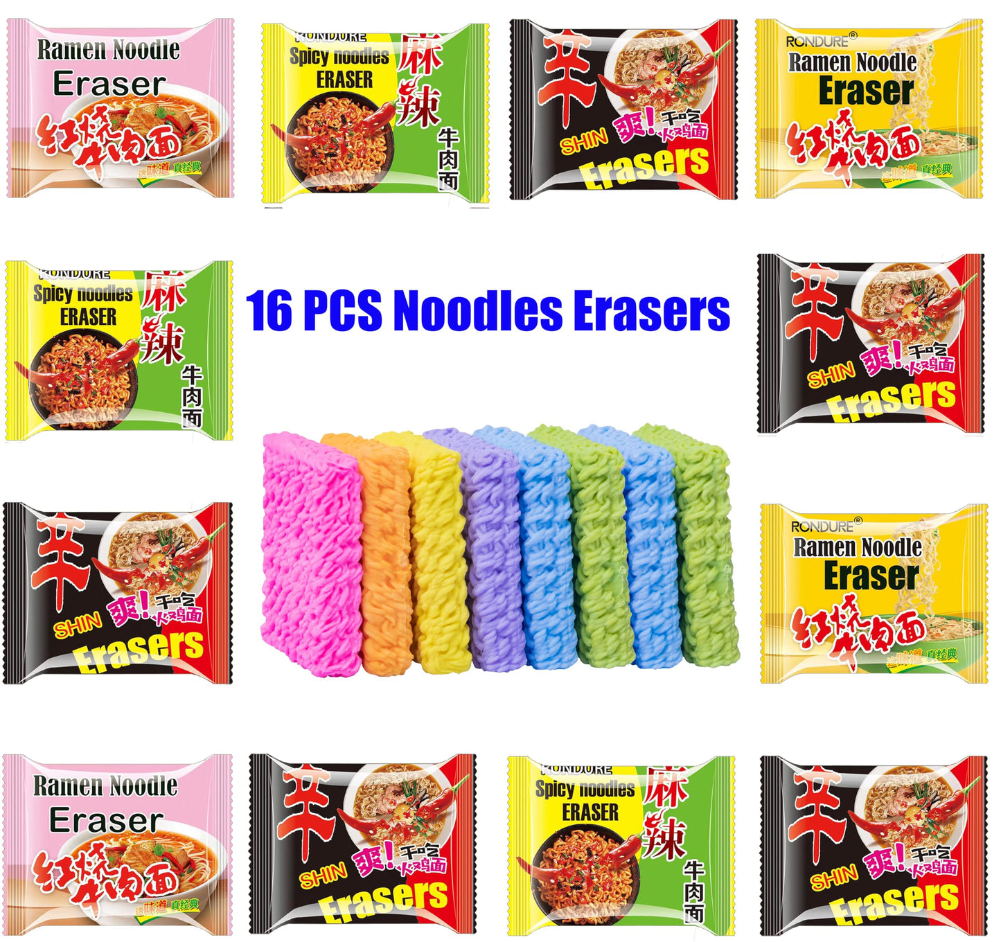 XANADU Cute Food Erasers for Kids – 16pc Ramen Noodle Eraser Pack