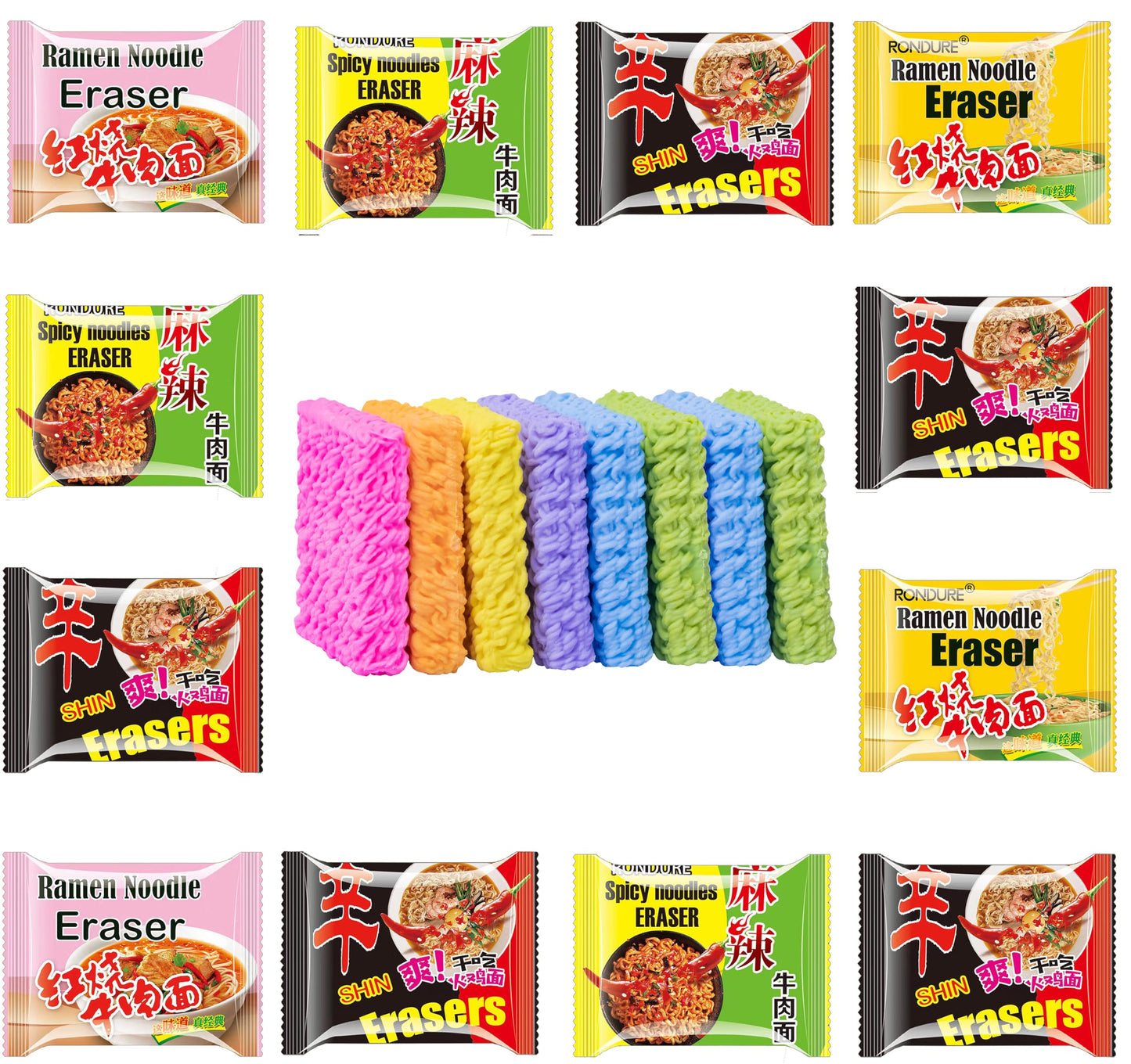 XANADU Cute Food Erasers for Kids – 16pc Ramen Noodle Eraser Pack