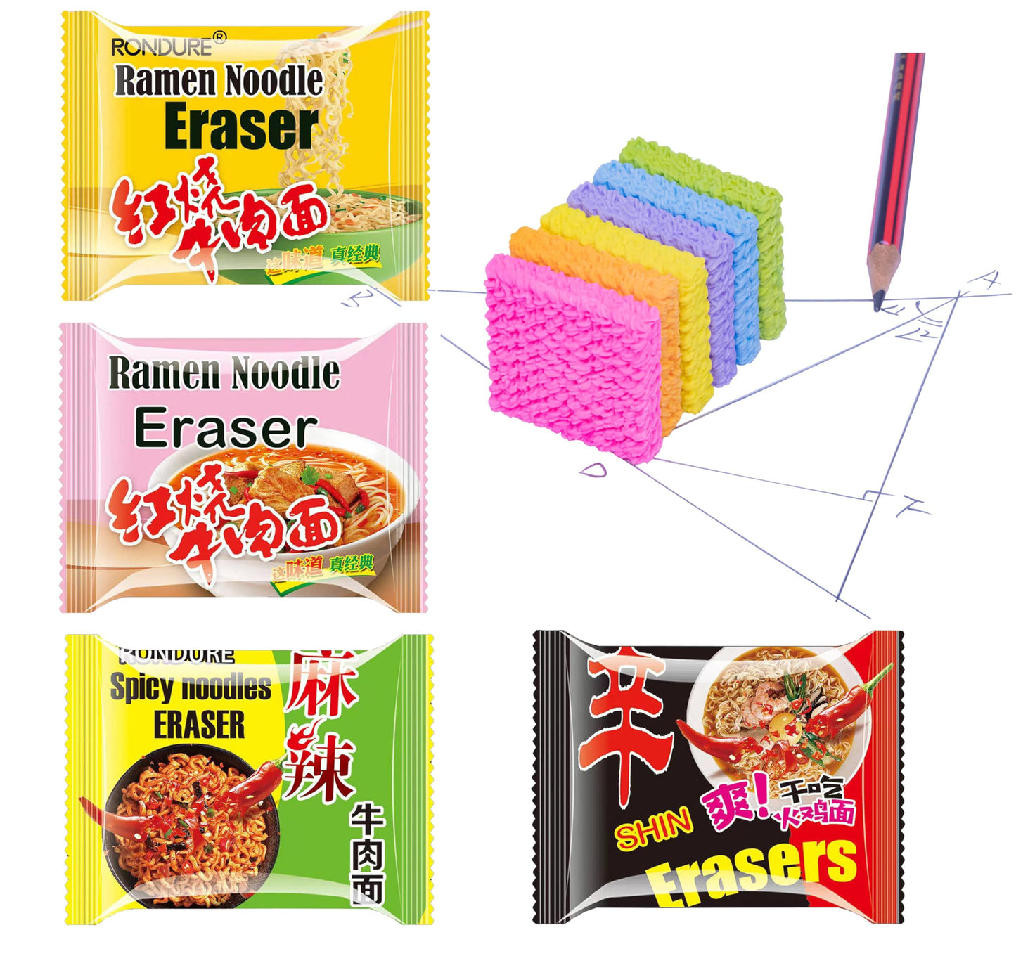 XANADU Cute Food Erasers for Kids – 16pc Ramen Noodle Eraser Pack
