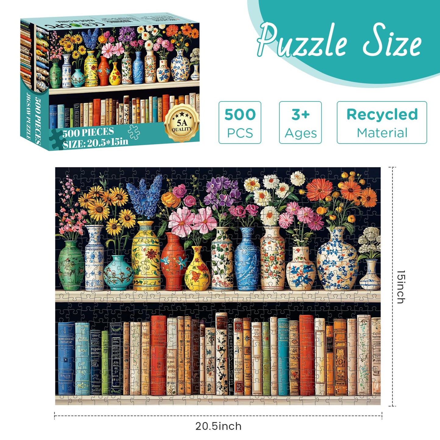 XAPAEG 500 Piece Puzzle for Adults – Flowers & Bookshelf Jigsaw (20.5×15 in)