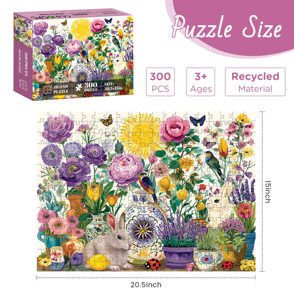 XAPAEG 300-Piece Summer Garden Jigsaw Puzzle for Adults – Birds & Floral Interlock, 20.5 x 15 in
