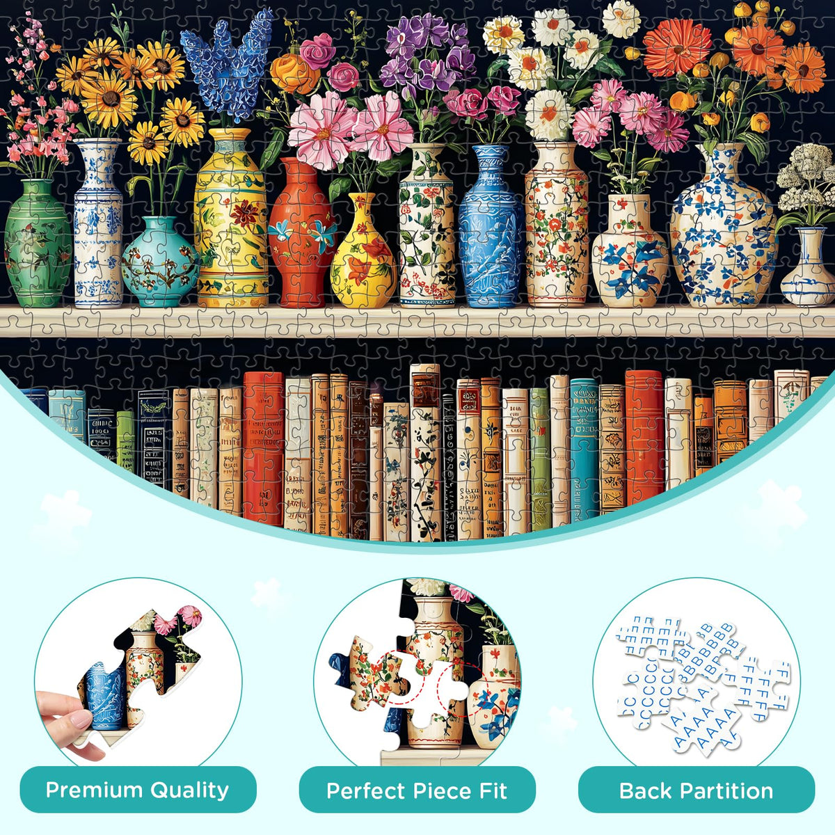XAPAEG 500 Piece Puzzle for Adults – Flowers & Bookshelf Jigsaw (20.5×15 in)