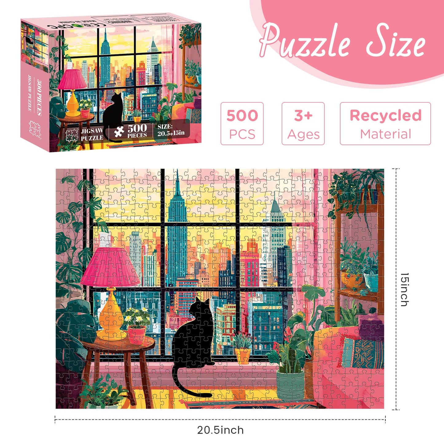 XAPAEG 500-Piece Black Cat City Jigsaw Puzzle for Adults – Interlock Back, 20.5 x 15 in
