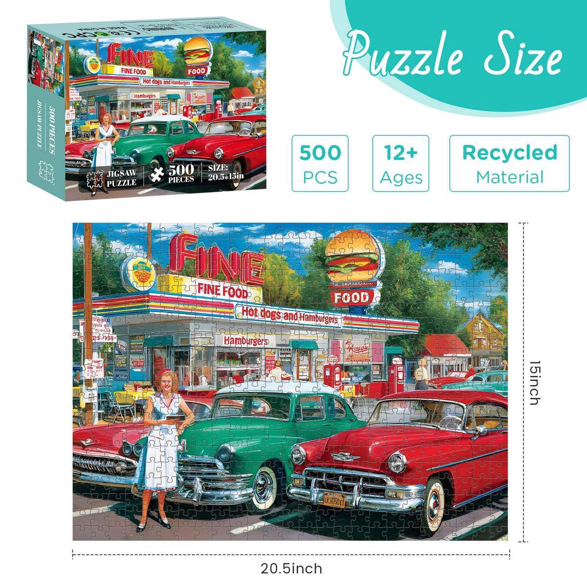 XAPAEG 500-Piece Retro Cars & Food Station Jigsaw Puzzle – Interlocking, 20.5 x 15 in