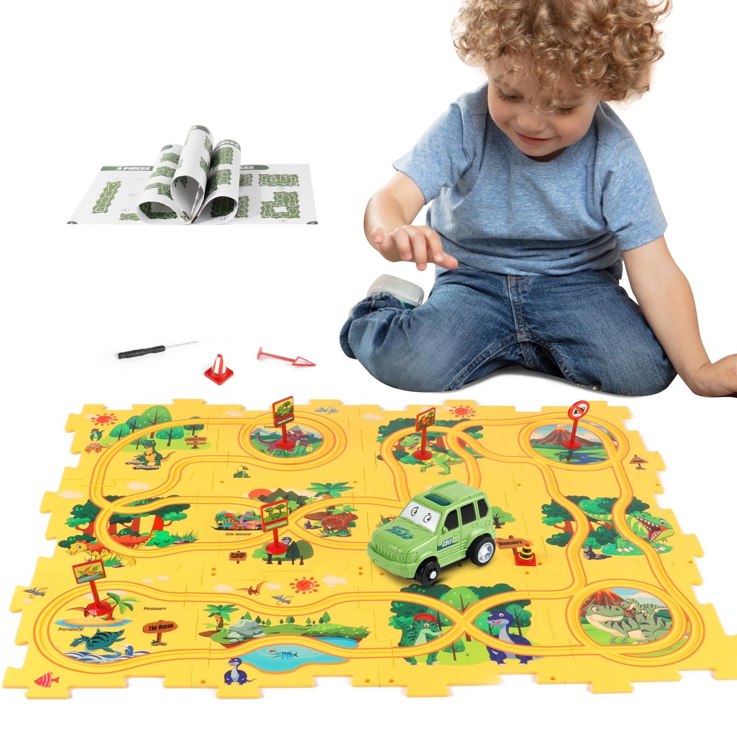 XAZASTOV Plastic Floor Puzzles for Kids 3-5 | Puzzle Track Car Set | Montessori Toys for Boys 3-6