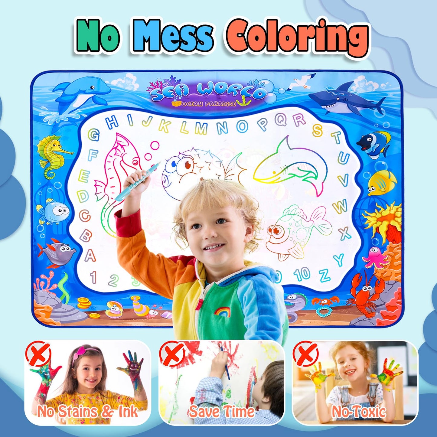 XBagSJ Ocean Large Water Doodle Mat for Toddlers – 39x31 in, Mess-Free Coloring
