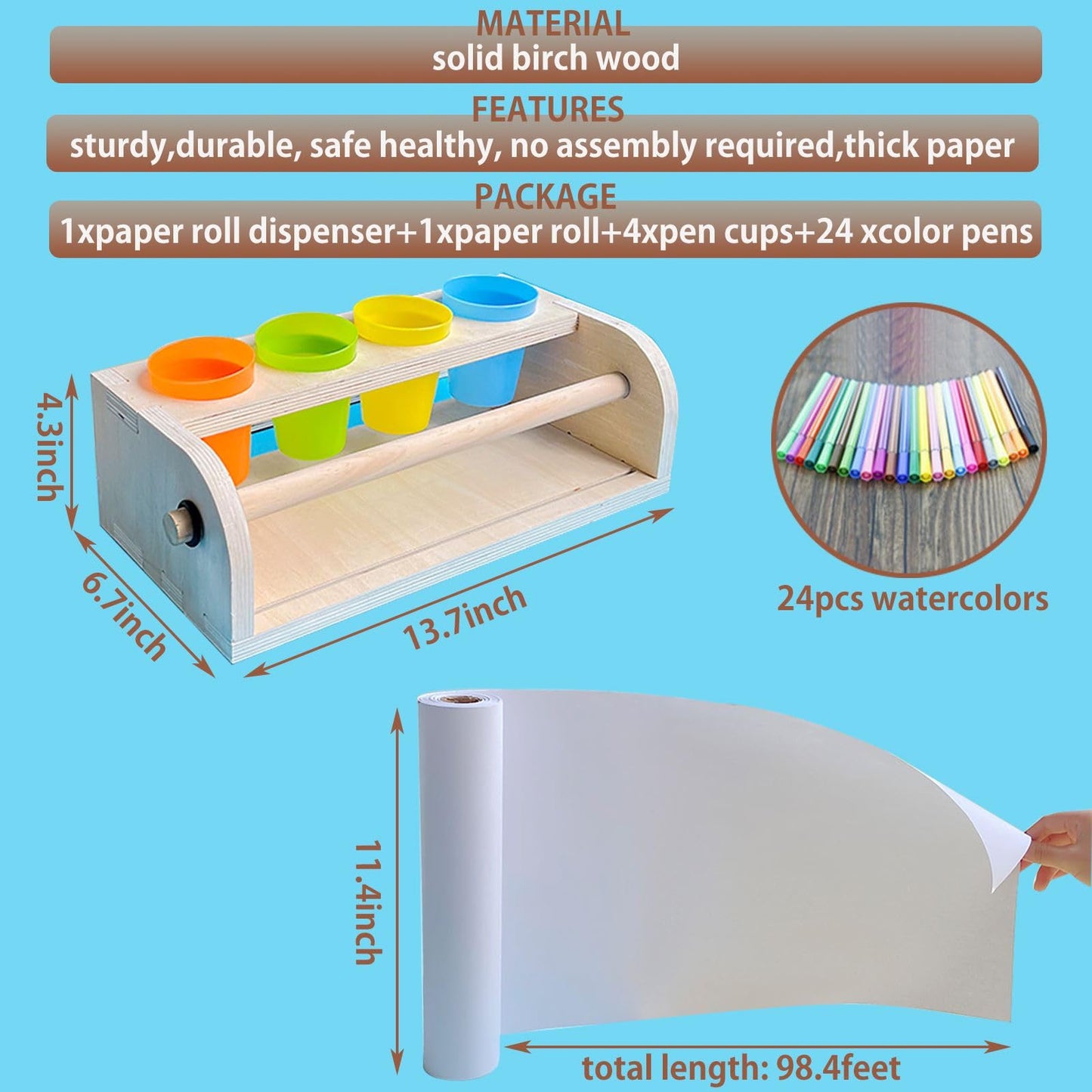 XDONEF Wooden Tabletop Paper Roll Dispenser – 11.4in x 98.4ft, 4 Pencil Cups, Kids Art Desk Easel