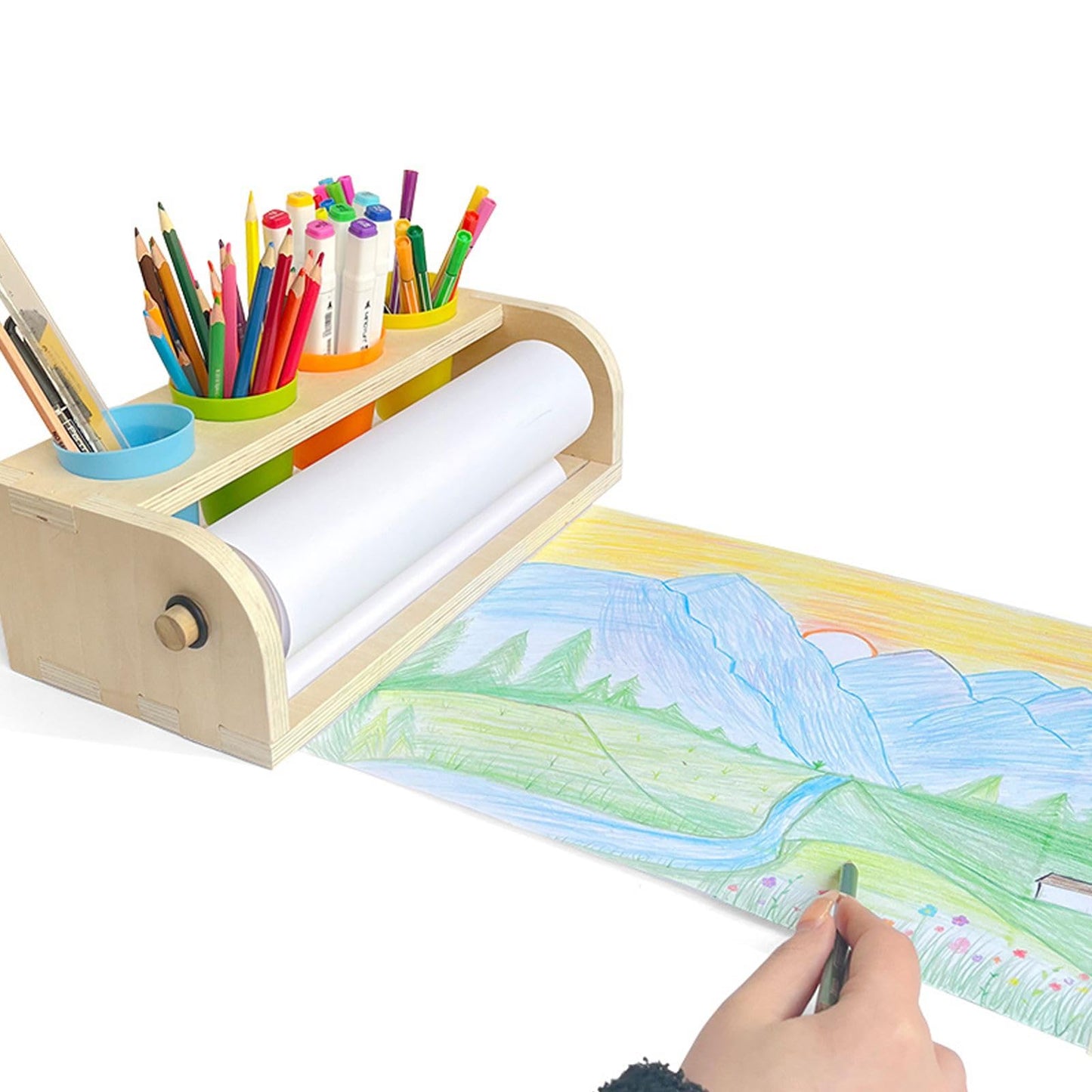 XDONEF Wooden Tabletop Paper Roll Dispenser – 11.4in x 98.4ft, 4 Pencil Cups, Kids Art Desk Easel