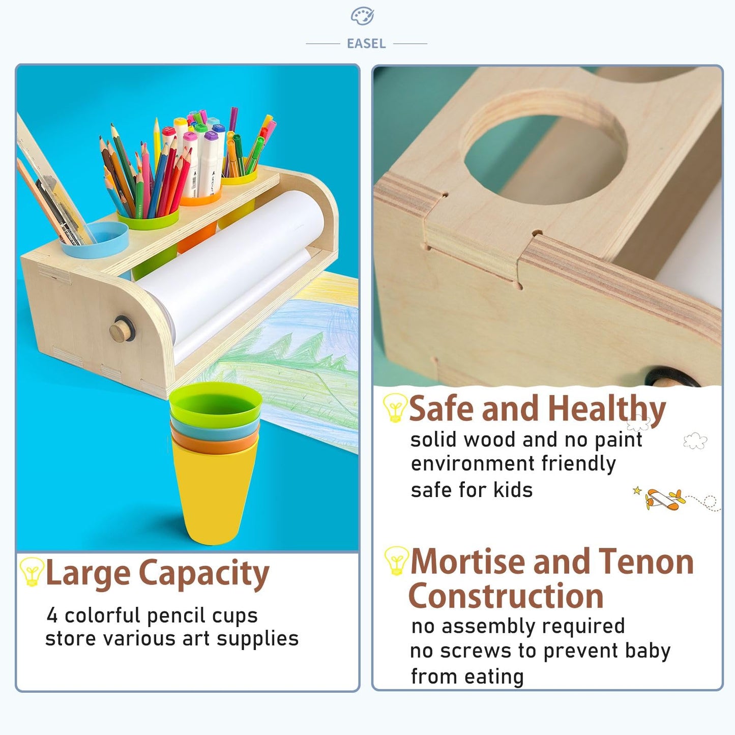 XDONEF Wooden Tabletop Paper Roll Dispenser – 11.4in x 98.4ft, 4 Pencil Cups, Kids Art Desk Easel