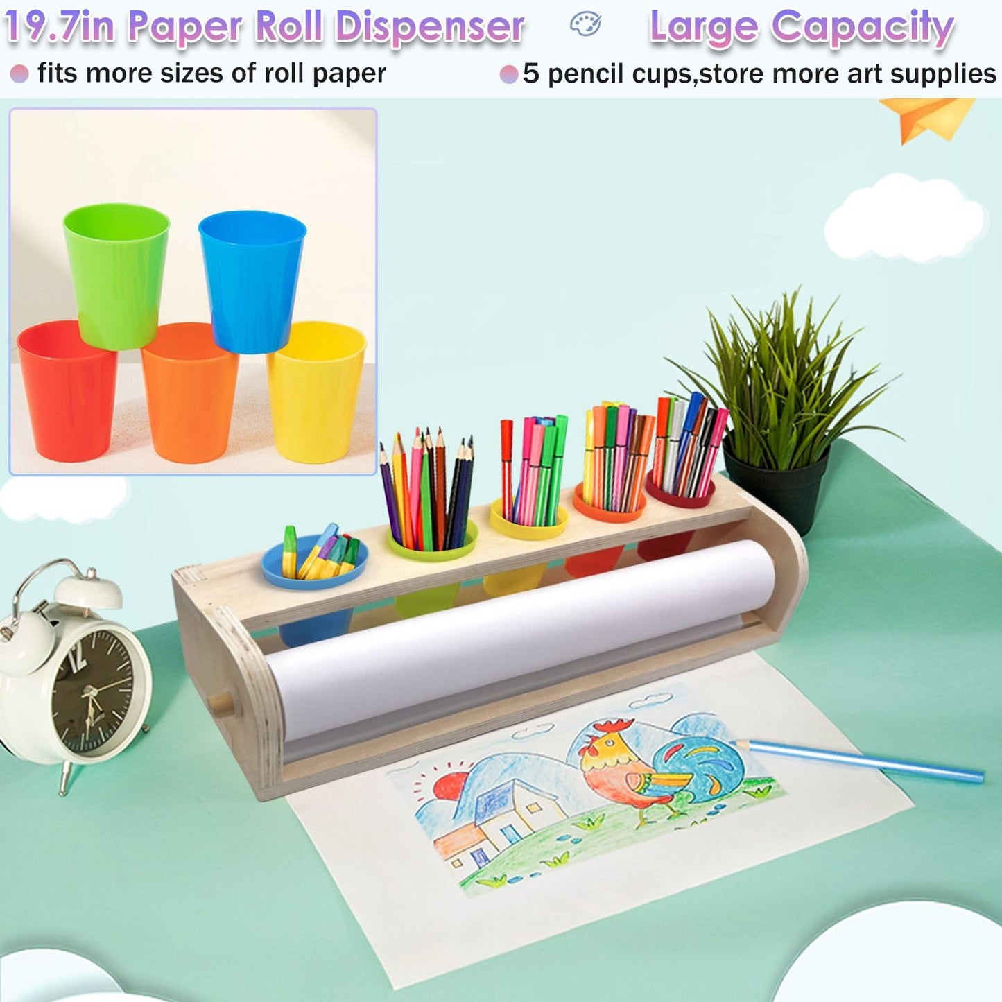 XDONEF Table Top Paper Roll Dispenser – Wooden Art Paper Holder with 82 ft Roll
