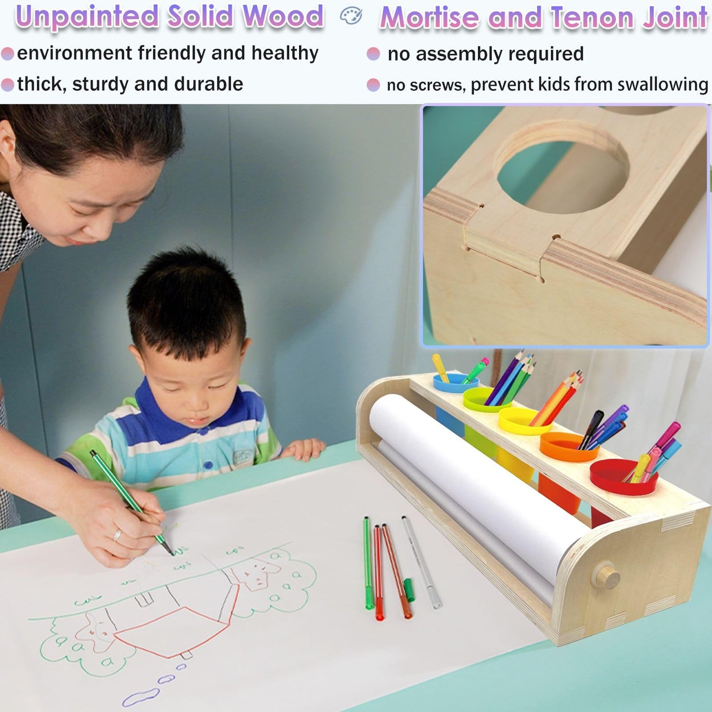 XDONEF Table Top Paper Roll Dispenser – Wooden Art Paper Holder with 82 ft Roll