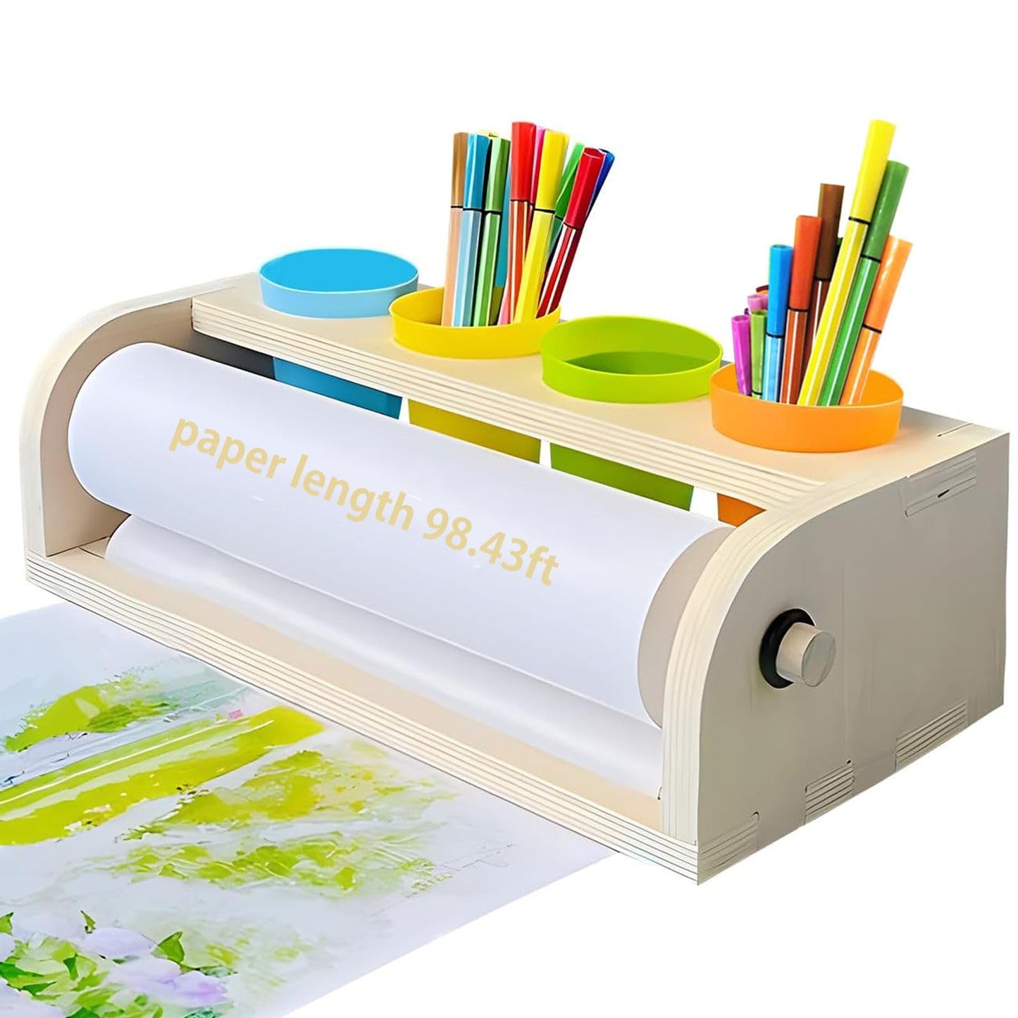 XDONEF Wooden Tabletop Paper Roll Dispenser – 11.4in x 98.4ft, 4 Pencil Cups, Kids Art Desk Easel