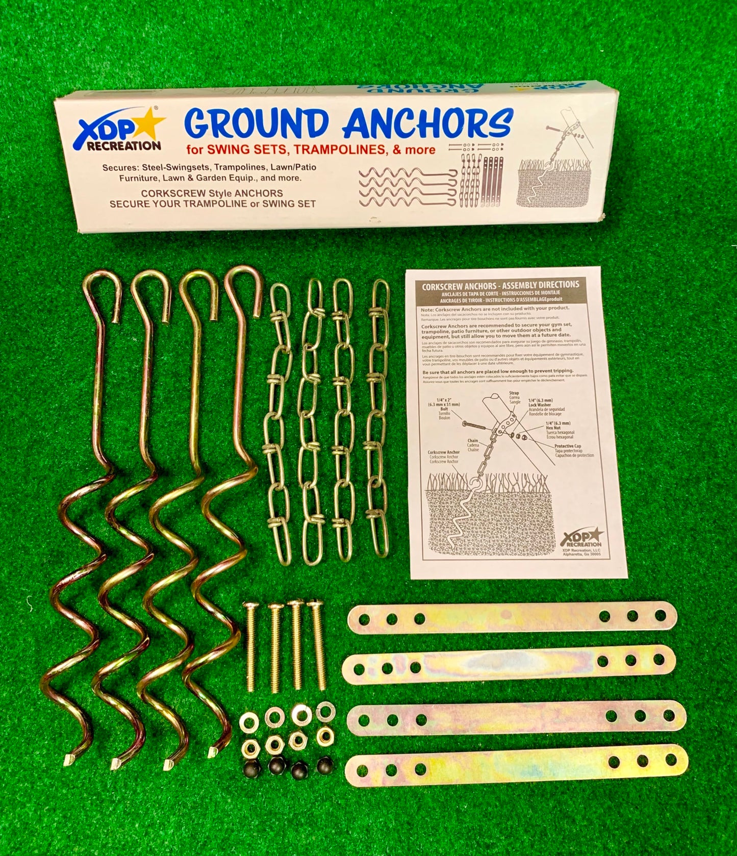 XDP Recreation Metal Ground Anchor Kit – 4pc Auger-Style Anchors for Swing Sets, Trampolines & Outdoor Furniture