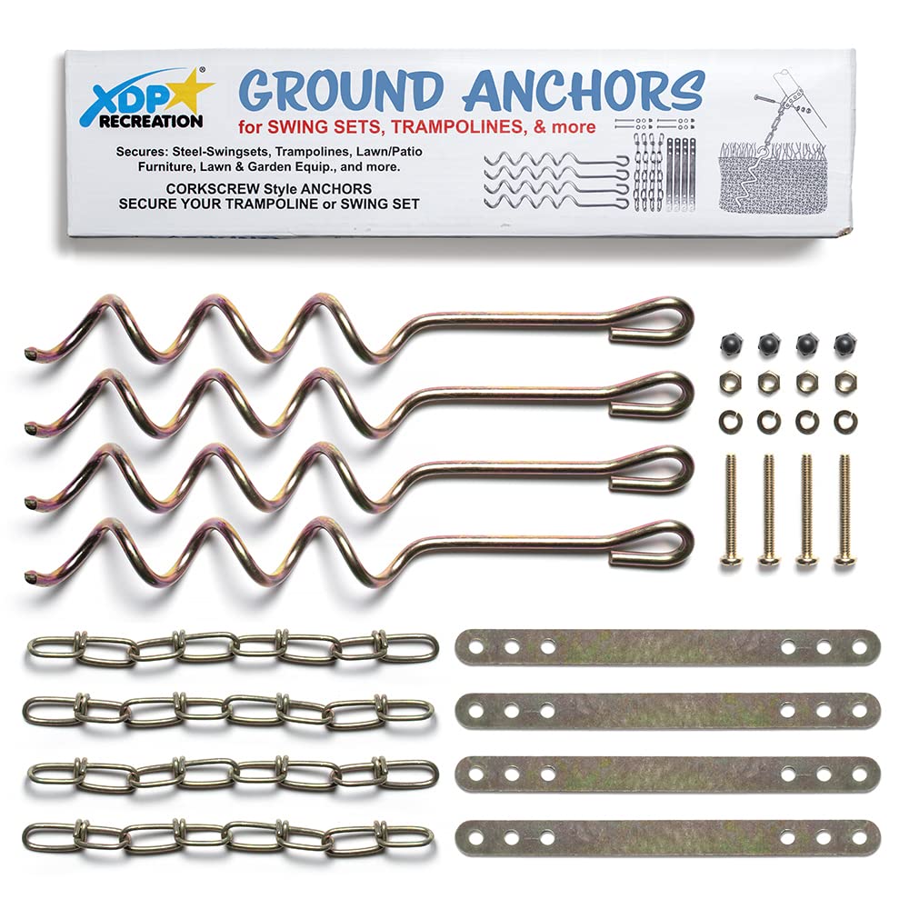 XDP Recreation Metal Ground Anchor Kit – 4pc Auger-Style Anchors for Swing Sets, Trampolines & Outdoor Furniture