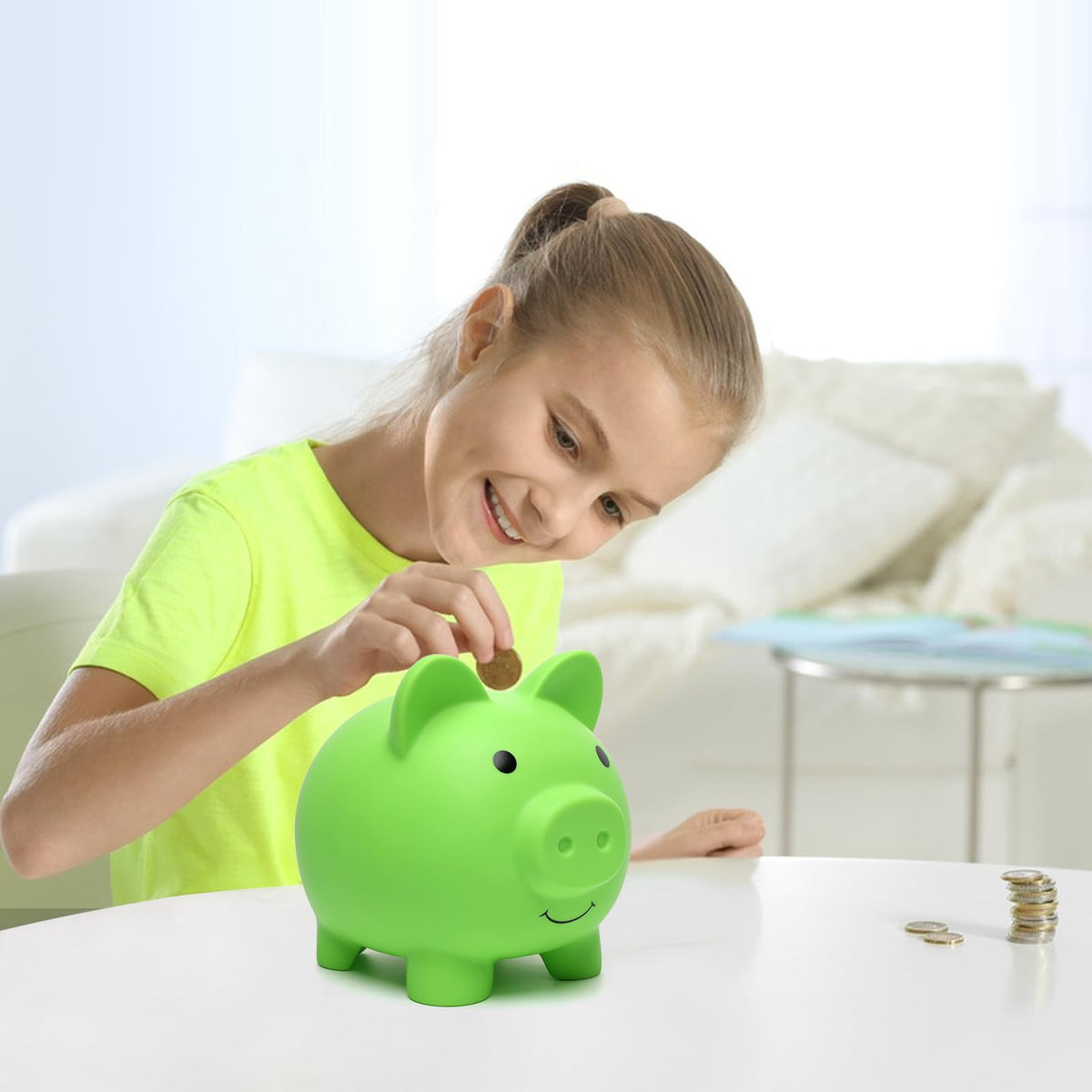 XDRELEC Piggy Bank – Green, Medium, Shatterproof Plastic Coin Bank for Kids