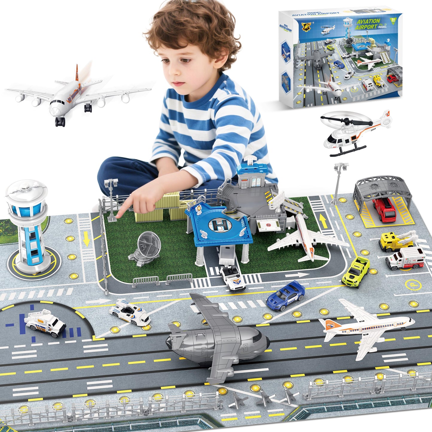 XDUOYJOY Airplane Toy Set with Trucks, Helicopter, Planes & Playmat – Airport Aviation Toys for Boys & Girls