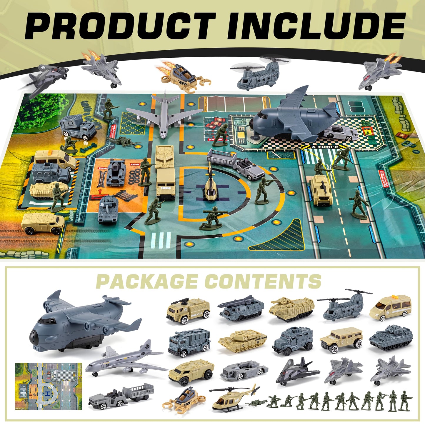 XDUOYJOY 33-in-1 Military Airplane Toy Set with Army Men – Vehicles, Tanks, Planes, Helicopters & Play Mat