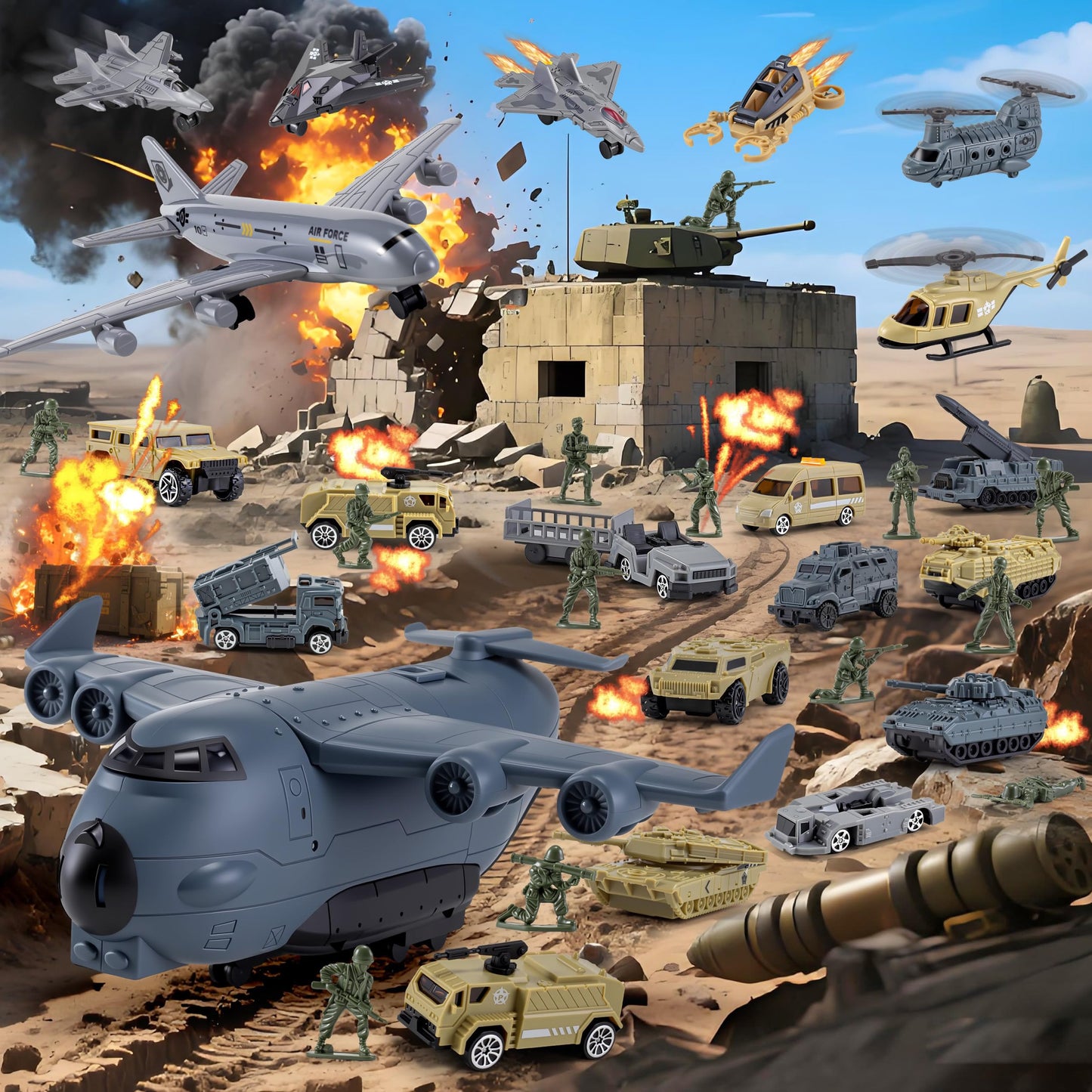 XDUOYJOY 33-in-1 Military Airplane Toy Set with Army Men – Vehicles, Tanks, Planes, Helicopters & Play Mat