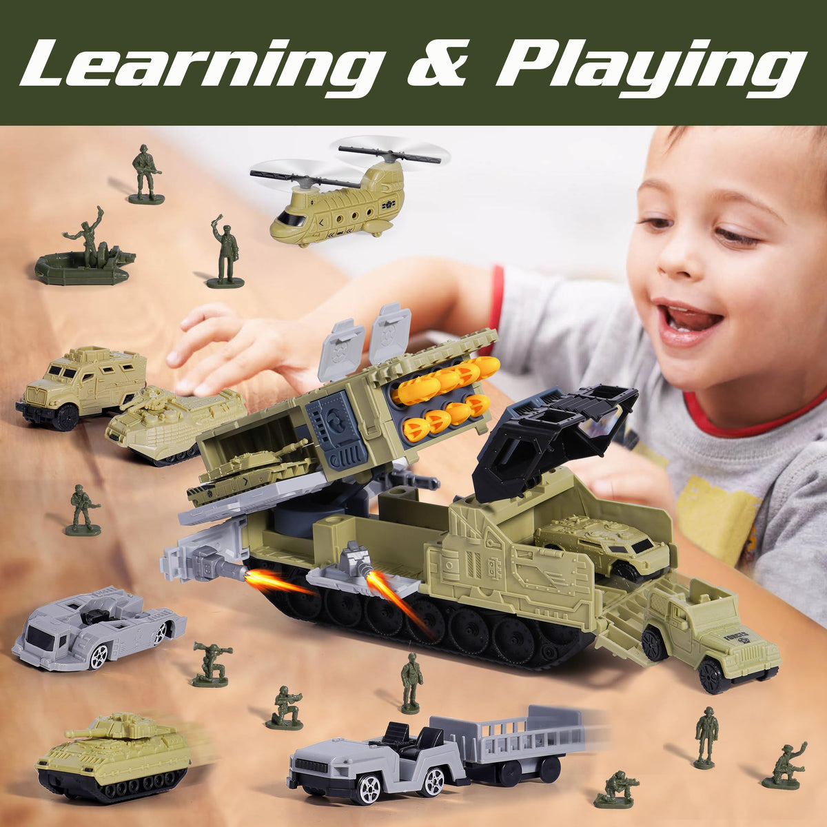 XDUOYJOY Military Tank Toy Set – 9 Vehicles with Launchable Missiles & Helicopter