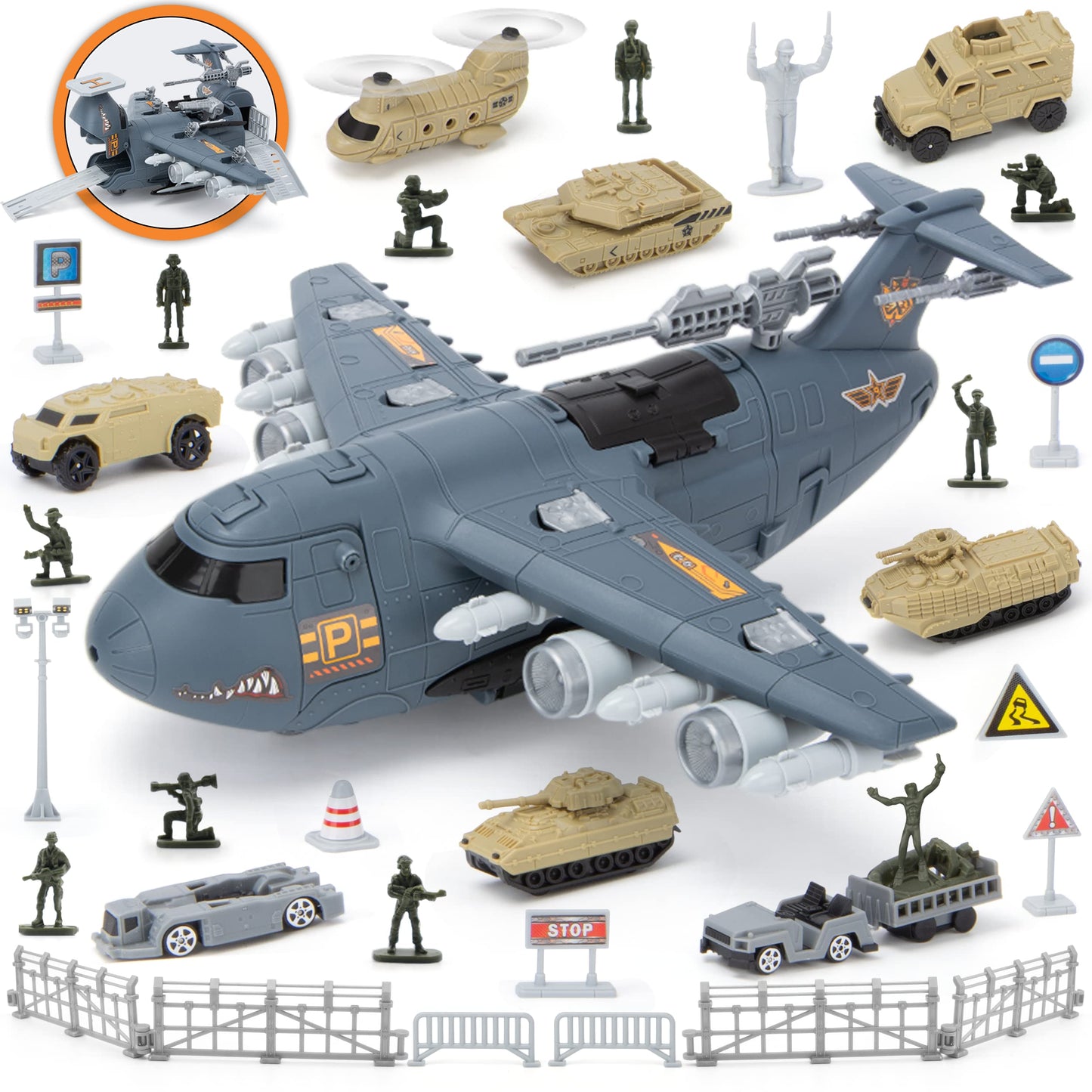 XDUOYJOY Military Airplane Toy Set – 8 Vehicles, Transforming Fighter Jet, Army Cars & Helicopter | Gift for Boys Aged 4-7
