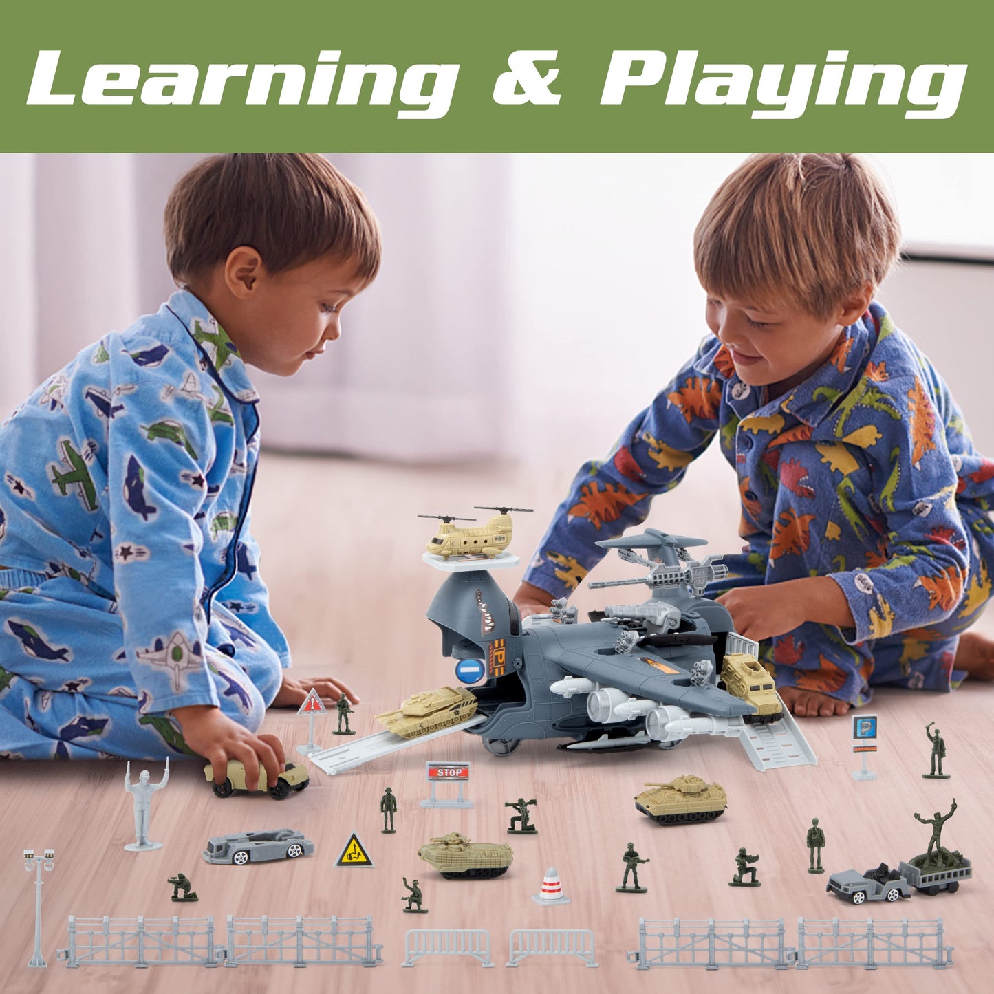 XDUOYJOY Military Airplane Toy Set – 8 Vehicles, Transforming Fighter Jet, Army Cars & Helicopter | Gift for Boys Aged 4-7