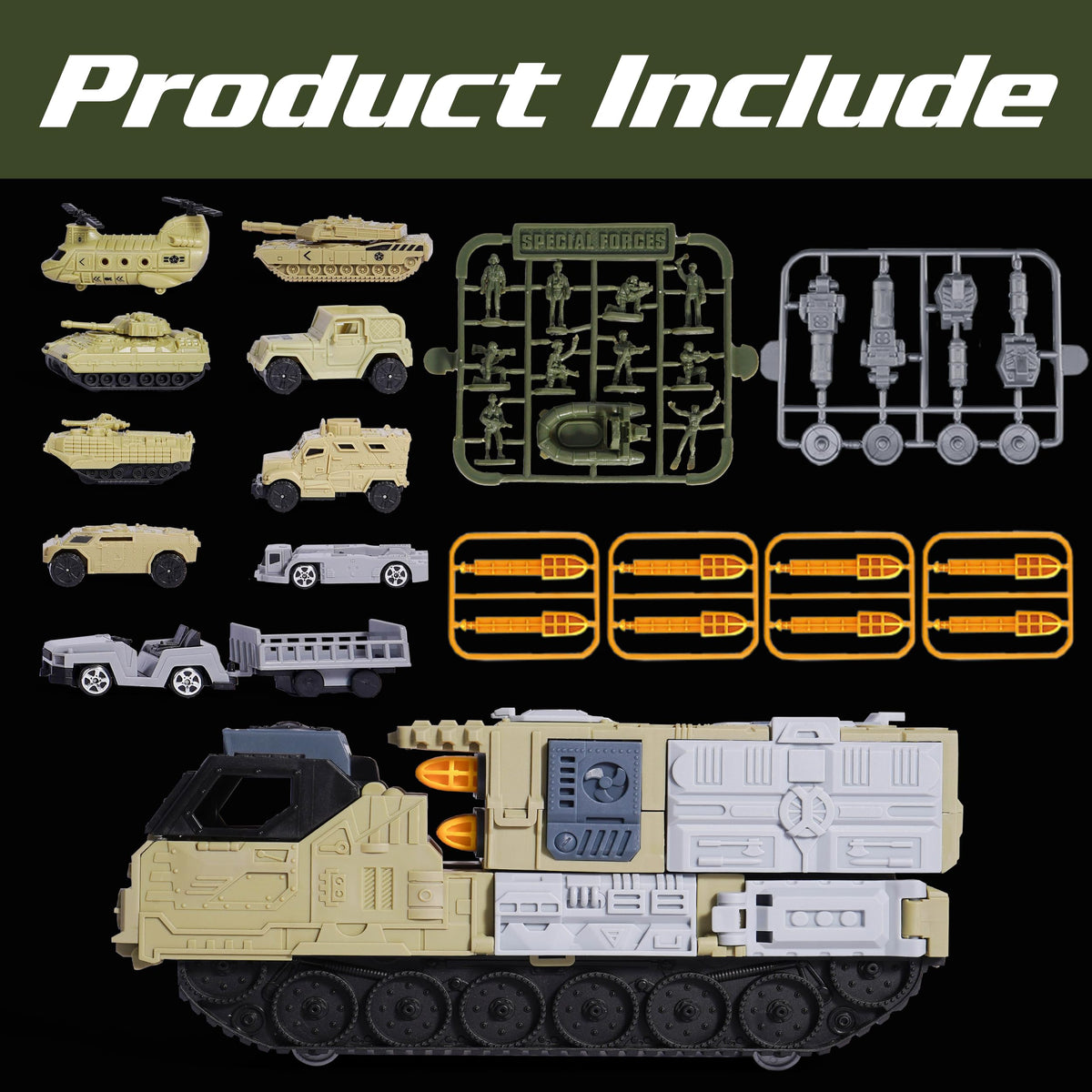 XDUOYJOY Military Tank Toy Set – 9 Vehicles with Launchable Missiles & Helicopter