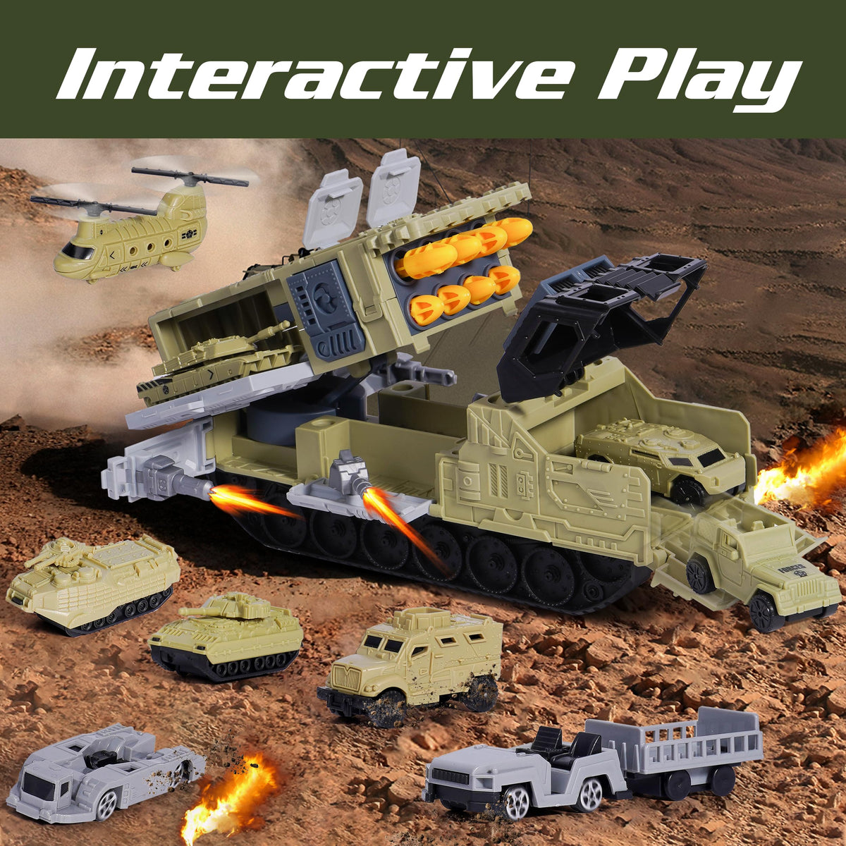 XDUOYJOY Military Tank Toy Set – 9 Vehicles with Launchable Missiles & Helicopter