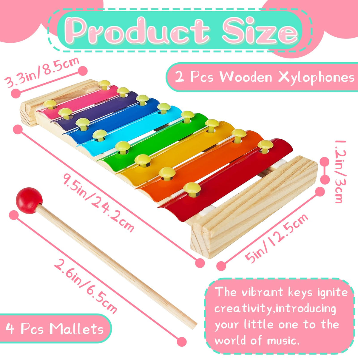 Xeehwb 2 Pcs Wooden Xylophone for Kids – 8-Key Educational Musical Toy with Mallets