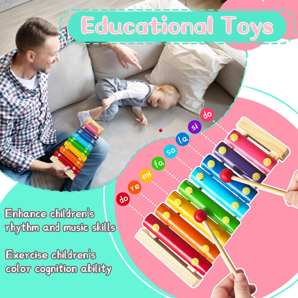 Xeehwb 2 Pcs Wooden Xylophone for Kids – 8-Key Educational Musical Toy with Mallets