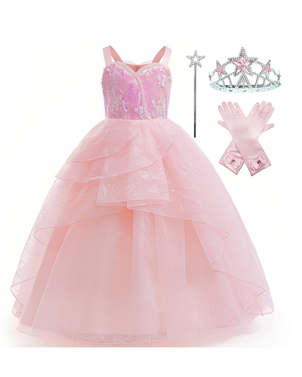 Xefenki Good Witch Glinda Costume Dress for Girls – Halloween Cosplay Set with Crown, Wand & Gloves