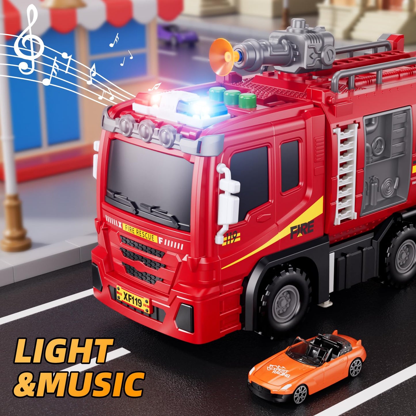 Xelabrion Fire Trucks Toy Set – 2-in-1 Fire Truck & Race Track for Kids Aged 3-6 | Lights, Sounds & Shooting Arrows