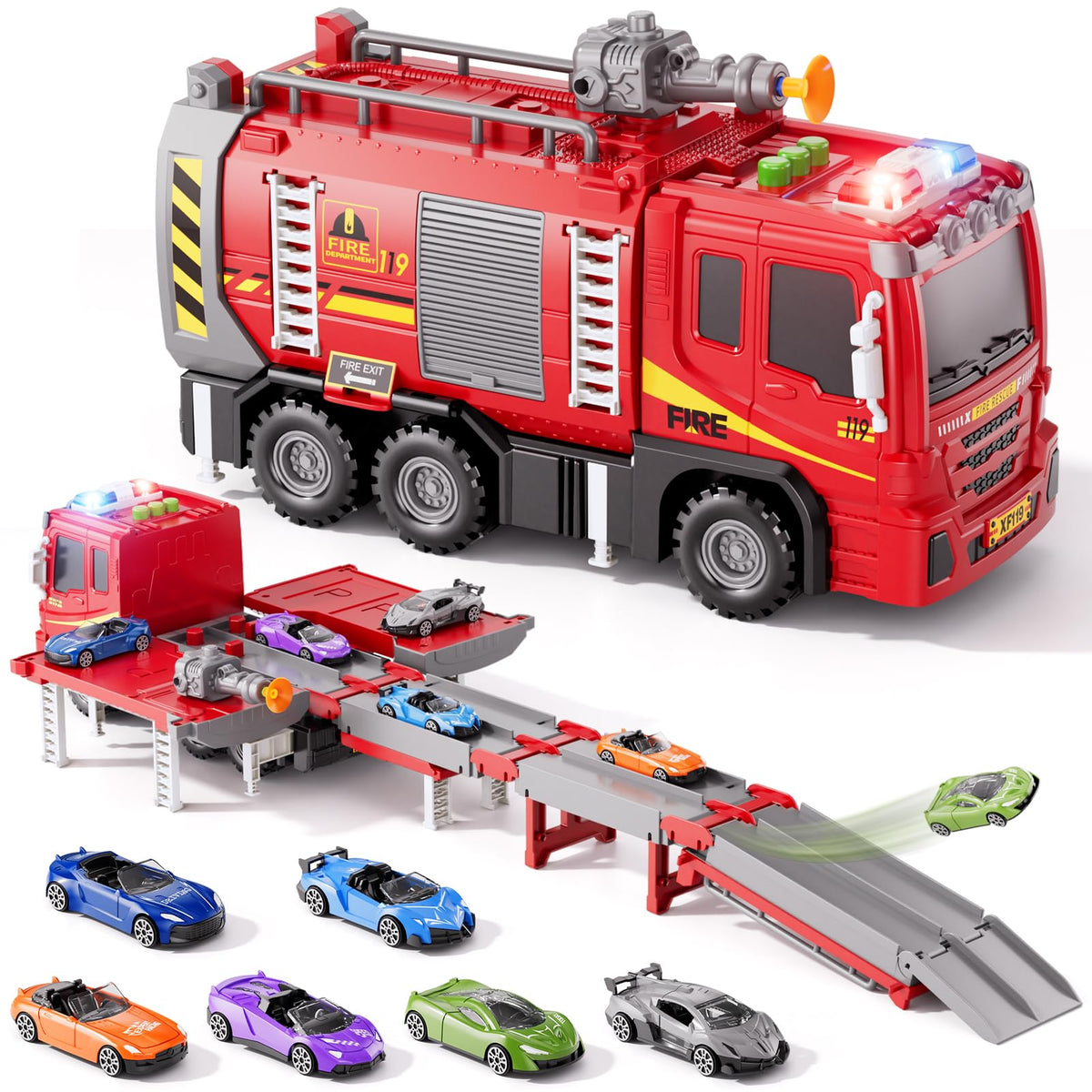 Xelabrion Fire Trucks Toy Set – 2-in-1 Fire Truck & Race Track for Kids Aged 3-6 | Lights, Sounds & Shooting Arrows