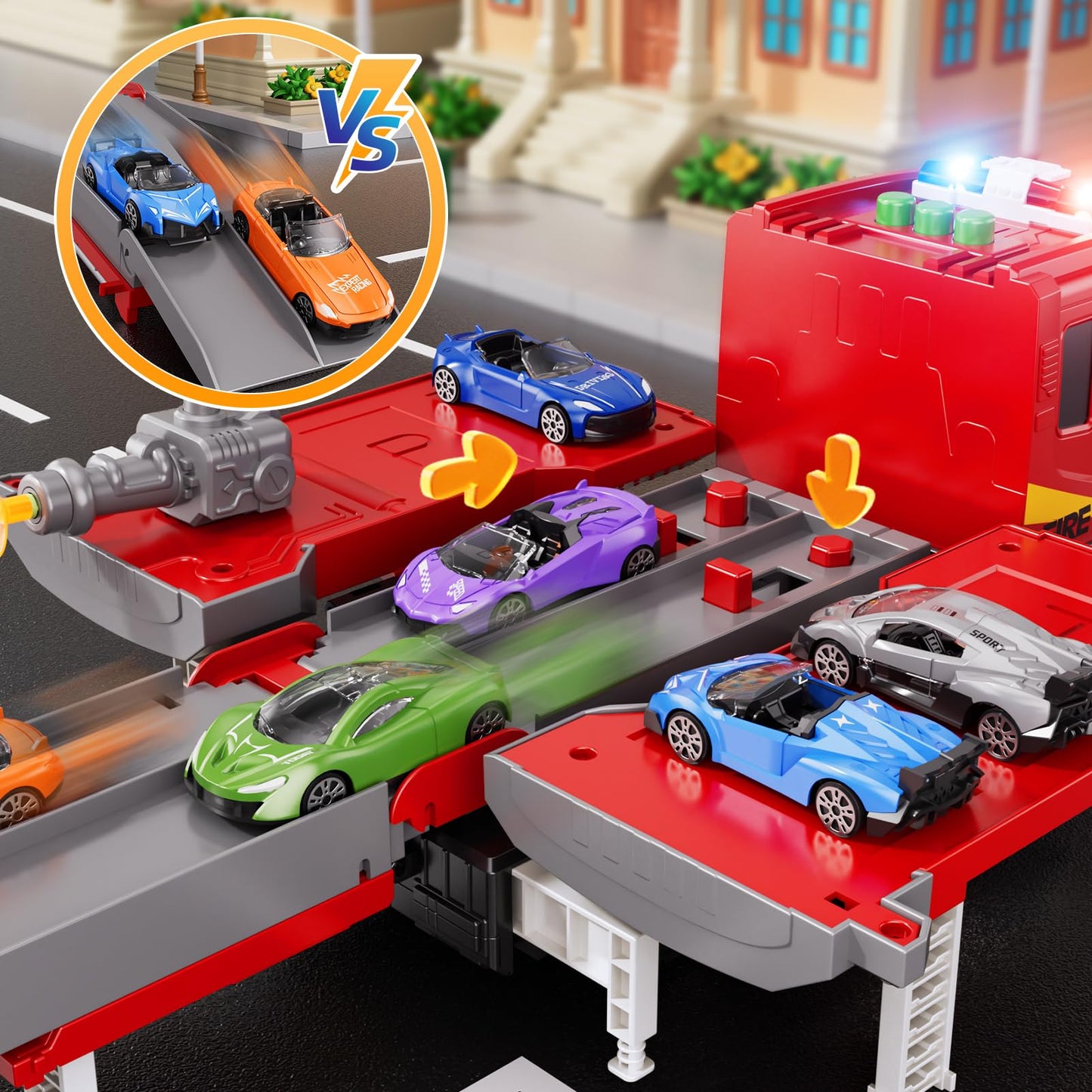 Xelabrion Fire Trucks Toy Set – 2-in-1 Fire Truck & Race Track for Kids Aged 3-6 | Lights, Sounds & Shooting Arrows