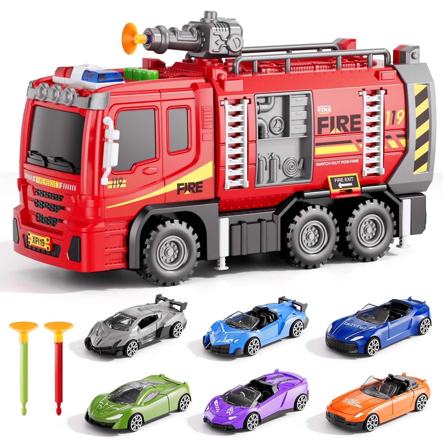 Xelabrion Fire Trucks Toy Set – 2-in-1 Fire Truck & Race Track for Kids Aged 3-6 | Lights, Sounds & Shooting Arrows
