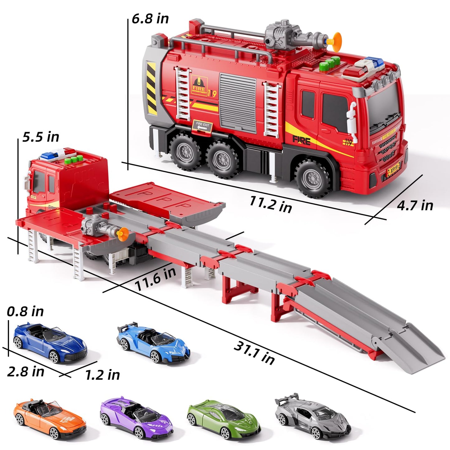 Xelabrion Fire Trucks Toy Set – 2-in-1 Fire Truck & Race Track for Kids Aged 3-6 | Lights, Sounds & Shooting Arrows
