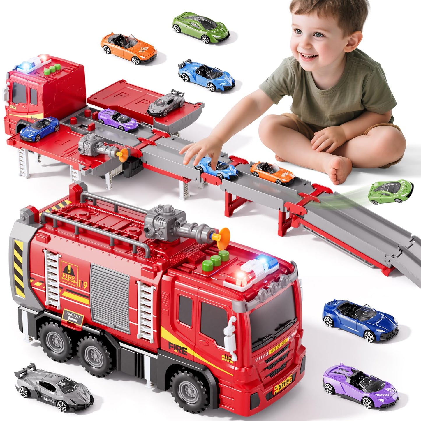 Xelabrion Fire Trucks Toy Set – 2-in-1 Fire Truck & Race Track for Kids Aged 3-6 | Lights, Sounds & Shooting Arrows
